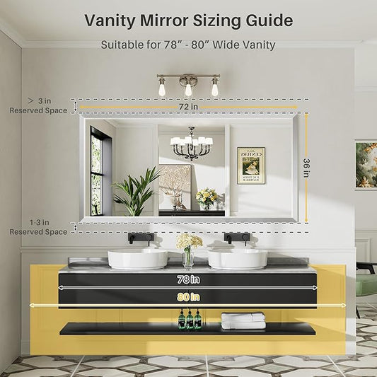 72x36 Inch Brushed Silver Bathroom Mirror for Wall, Thick Metal Framed Rectangle Mirrors for Over Sink, Bedroom, Living Room, Entryway, Anti-Rust, HD Tempered Glass
