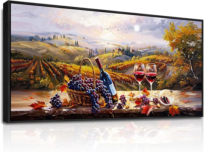 hyidecorart Large Framed Wall Art,Wine Farm View Kitchen Art Prints, French Country Still Life Picture, Fruit Harvest Art Prints, Rustic Dining Room Wall Decor, Restaurant Home Bar Decoration 32x72 In