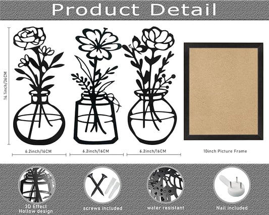 Lcaughsy Metal-Wall-Decor Living Room - 3 Pcs Metal Bathroom Wall Art Floral Vase and Picture Frame for Decoration- Hanging Display Wall Decor Art for Home Dining Room Bedroom Kitchen Farmhouse,Black