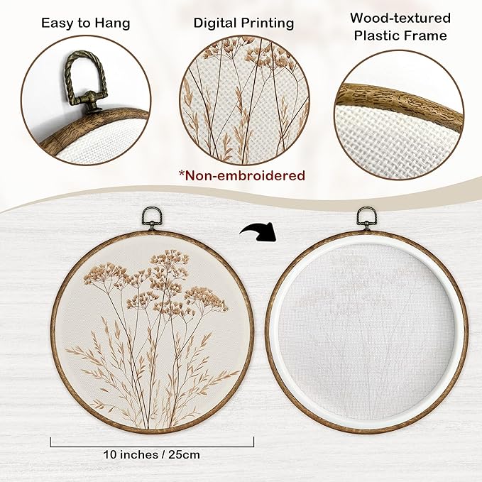 TLESKE Beige Rustic Fall Botanical Round Wall Art Decor Set of 2, Boho Wildflower Floral Framed Canvas Prints Wall Art Artwork, Neutral Vintage Farmhouse Hanging Decor for Bedroom Living Room 10x10