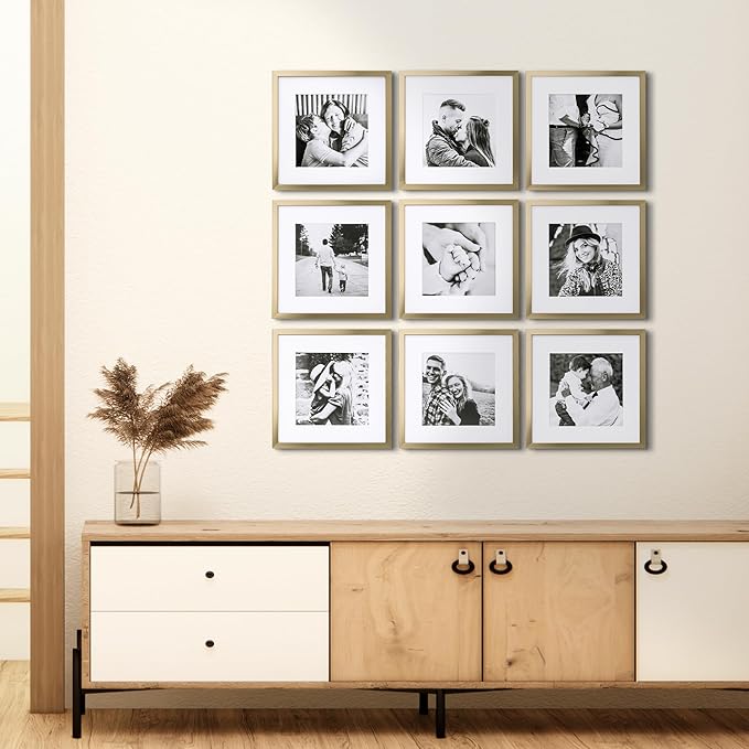 ArtbyHannah Square Picture Frame, Gold Gallery Wall Frame Set Display Pictures 8x8 inch with Mat or 12x12 inch Without Mat, Wall Hanging Photo Frame for Living Room or Staircase Decoration (9 Pack)