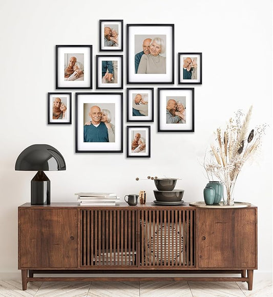 10 Piece Shadow Box Style Gallery Wall Frame Set – Deep Photo Frame Set with Mat for 8x10, 5x7 and 4x6 - Multiple Sizes Picture Frame Set for Wall Collage – Assorted Picture Frames for Wall (Black)