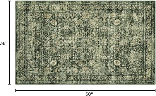 Morebes Vintage Throw Rugs, Boho 3x5 Washable Rug Non Slip,Soft Area Rug for Bedroom,Distressed Non-Shedding Floral Rug for Entryway Kitchen Foyer Bedside Playroom, Grayish Green