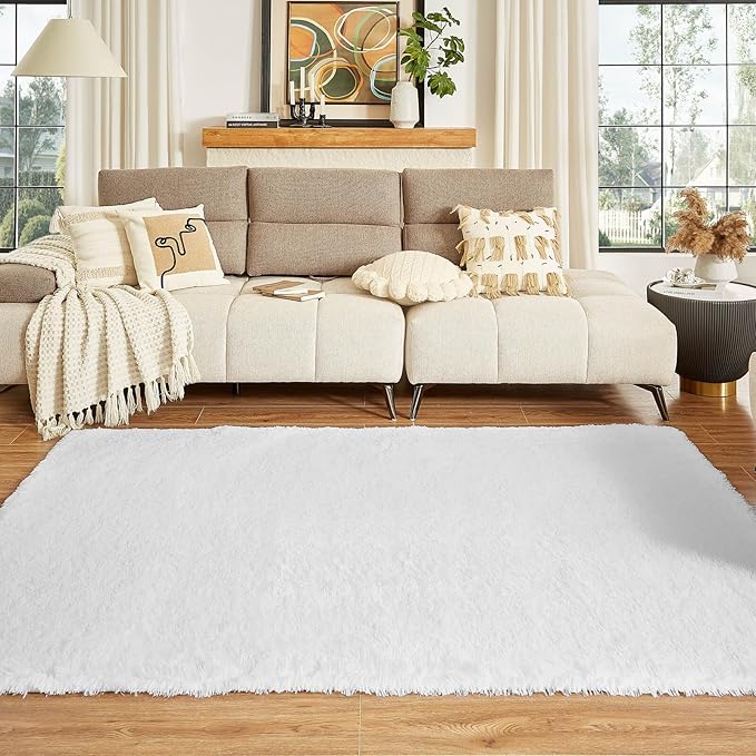 Floralux 6x9 Rugs for Bedroom, White Shag Rug for Living Room, Ultra Soft Fluffy Carpet, Non-Slip Indoor Floor Carpets for Kids Room, Playroom, Home Decor Aesthetic