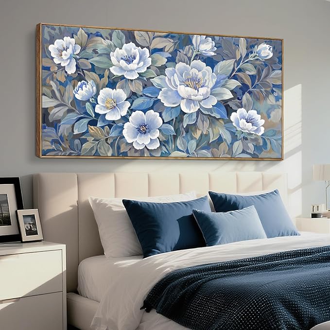 Large Framed Blue Gray And White Plant Wall Art For Living Room, Natural Plant Canvas Print Paintings Artwork For Walls, Elegant Floral Pictures For Bedroom Kitchen And Lounge Wall Decor58X29 In