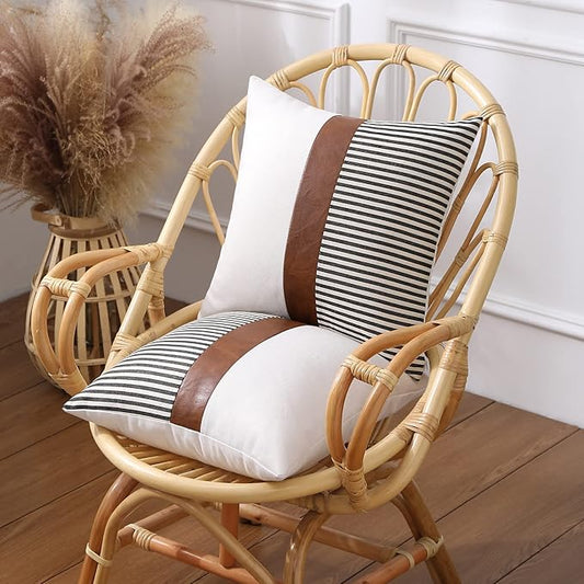 Mecatny Set of 2 Faux Leather Throw Pillows 18x18 with Inserts, Boho Striped Farmhouse Outdoor Pillows, Decorative Accent Cushions for Couch, Patio & Living Room, Black
