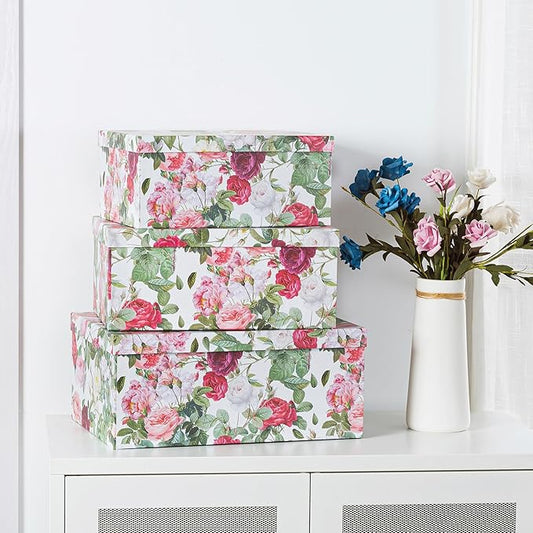 Soul & Lane Decorative Cardboard Storage Boxes with Lids for Home Decor and Organization, Set of 3 Large Keepsake Boxes for Memories & Gifts, Nesting Floral Photo Storage Containers, Rose Romance