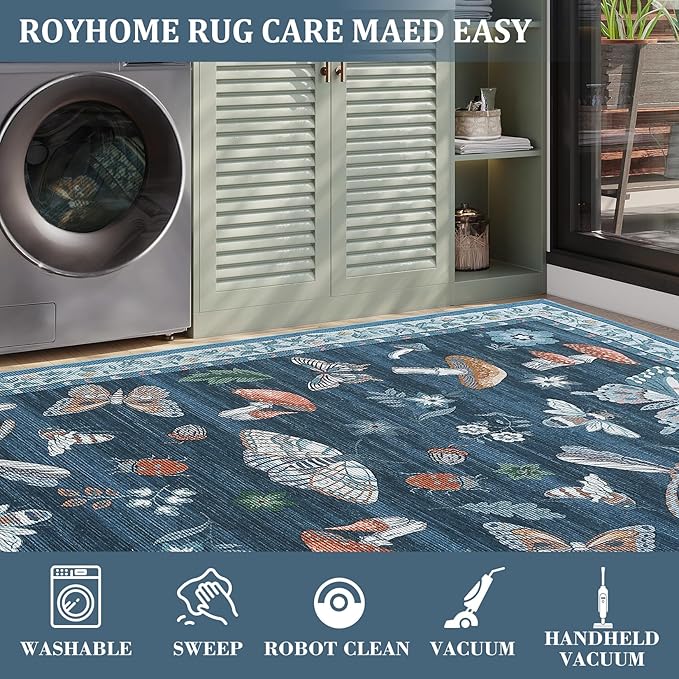 ROYHOME Mushroom Insect Rug 2x6 Runners for Hallways, Boho Kitchen Runner Rugs Non Slip Bath, Modern Washable Rug for Bedroom, Soft Long Rugs for Entryway Bathroom Laundry Dorm, Blue