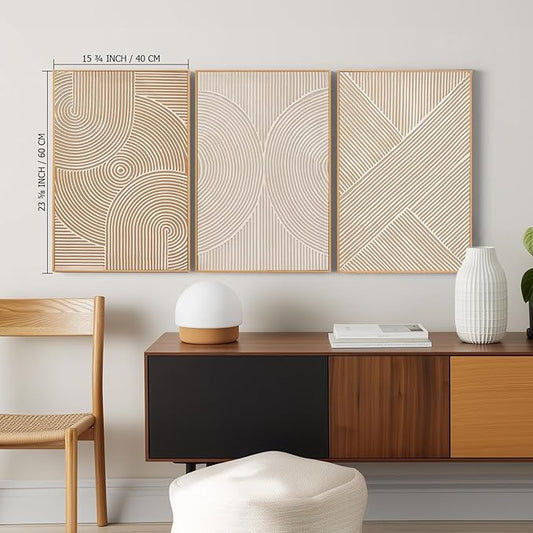 Zessonic Neutral Minimalist Textured 3D Wall Art Abstract Hand-Painted Framed Wall Decor Geometric Artwork Canvas Paintings- Living Room Bedroom Office - Modern Boho Neutral Line 16"x24" 3 piece