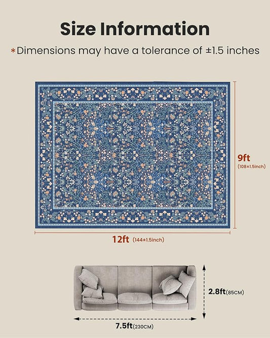 AMADA HOMEFURNISHING Large Area Rugs 9x12, Washable Floral Rug with Non-Slip Backing & Low Pile, Durable Edge Biding, Vintage Soft Floral Rug for Living Room, Bedroom and Dining Room