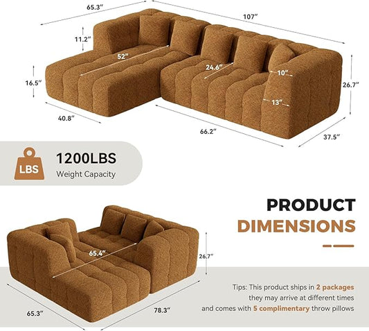 107" Boneless Couch with L - Shaped Chaise, Modern Chenille Modular Sectional Sofa with Tufted Design, Comfy Upholstered Sofa, No - Assembly Sectional Couch, Orange-Brown