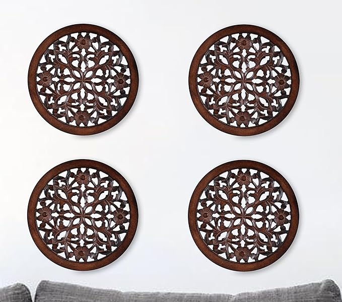Woodify Hand-Carved Wooden Wall Décor – Set of 4, 12" x 12" Decorative Wood Panels, Floral Design, Natural Burnt Finish, Wall Art for Living Room & Home Décor