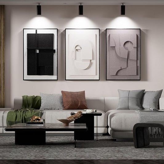 3D Textured Abstract Wall Art for Living Room, 3 Piece Modern Neutral Framed Sculpture Artwork, Minimalist Earth Tone Geometric Cubist Paintings for Home Office Dining Room, 20x30 Inch