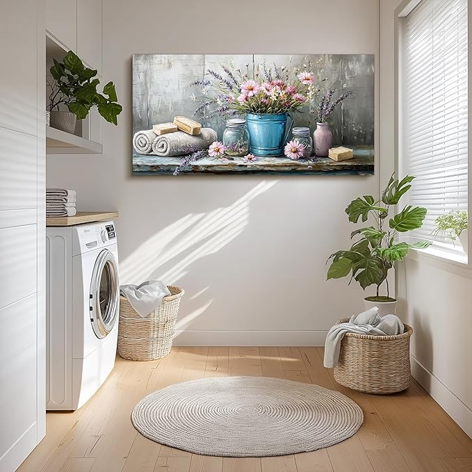 SERIMINO Still Life Large Wall Art, Nature Wildflower Canvas Art Prints, Cozy Scene Retro Aesthetic Painting, Earthy Wall Pictures for Living Room Bathroom Laundry Room Rustic farmhouse Decor 29"X57"