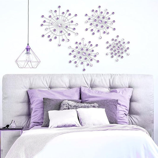 Blulu 4 Pcs Metal Wall Decor Bling Crystal Wall Art Cast Iron Rhinestones Sunburst Decor Starburst Art Hanging Diamond Accents Decorative for Living Room Bedroom Entryway (Purple)