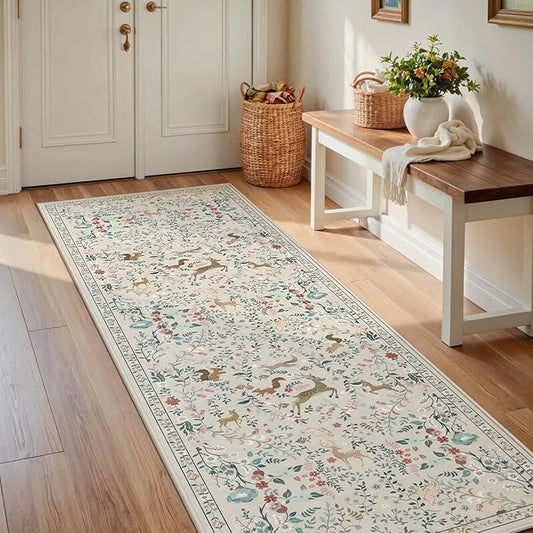 Runner Rug Washable Runners Kitchen Rugs Non Slip Neutral Floral Carpet Low Pile for Indoor Hallways Entryway Living Room Bedroom Laundry Soft Mat 2'6''x8' Beige Animal