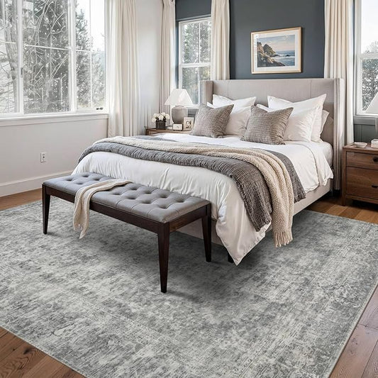 Rugxara 5x7 Area Rugs for Living Room Bedroom, Grey Washable Rug, Neutral Abstract Boho Rug, Non Slip & Low Pile Faux Wool Carpet for Indoor Dining Room and Farmhouse(Grey 5x7ft)