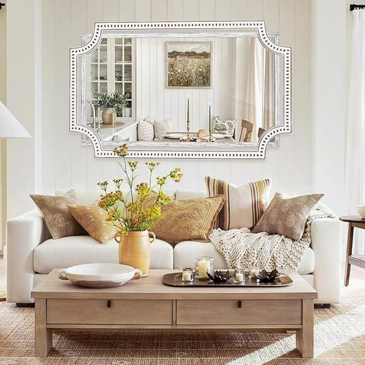 30x47 Inch Rustic Farmhouse Bathroom Mirrors for Over Sink, Large Boho Decorative Wall Mirror Wooden for Living Room, Entryway, Fireplace Mantel & Hallway - Horizontal or Vertical Hanging