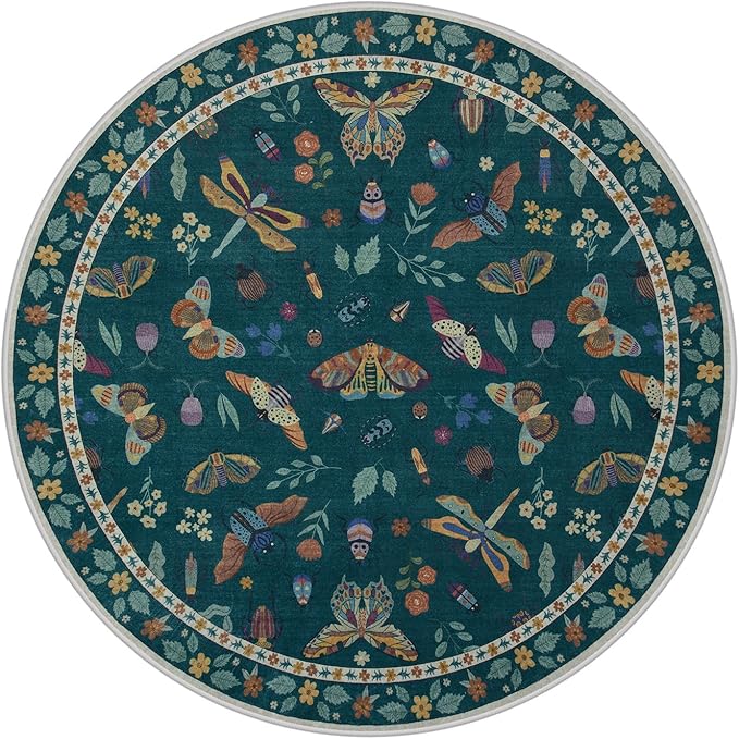 Lahome Insect Washable Round Rugs, Non-Slip Soft Round Rug 4ft Ultra-Thin, Small Boho Circle Carpet for Entryway Kitchen Bedroom Nursery Bathroom Vionnet, Dark Green