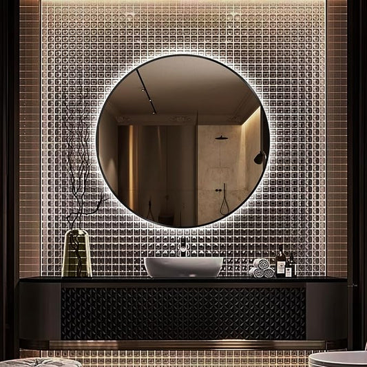 30" Round LED Bathroom Mirror, Wall Mounted Backlit Vanity Mirror with 45° Beveled Frame Lighted Mirror for Bedroom, Fog Free 3-Color Dimmable Lights Memory Function, Black