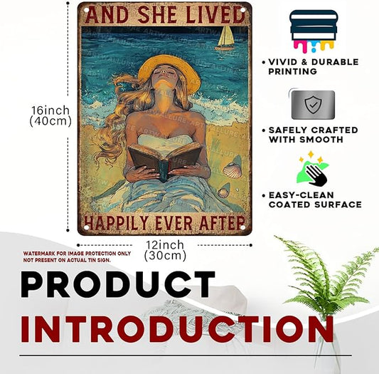 Vintage Inspired Quote Metal Tin Sign And She Lived Happily Ever After Rustic Home Decor For Cozy Corner Bookstore Cafe Girls Room Storybook Theme 12x16inch