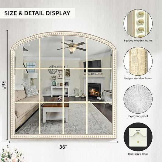 HOITUZYUS 36x36 Inch Wooden Wide Arched Mirrors for Wall with Window Girds, Large Farmhouse Decorative Mirror for Living Room, Entryway, Hallway, Fireplace, Bathroom