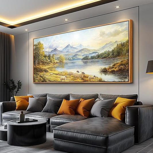 Wapluam Wall Art For Living Room,Landscape Large Framed Wall Art, Modern Farmhouse Decor,Sheep Pictures Retro Rustic Nature Canvas Art Prints Paintings For Bedroom Kitchen Office Decorations 30x60 IN