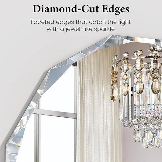 30 Inch Large Faceted Round Wall Mirror, Diamond-Beveled Circle Bathroom Mirror with Solid Backing, Big Sparkle Decor Mirror for Living Room, Fireplace & Master Vanity