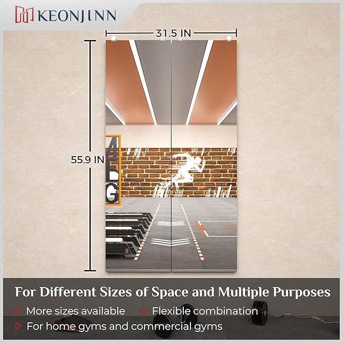 Keonjinn 56 x 16 Inch Gym Mirror for Wall, Workout Mirrors Full Length for Fitness, Wall Mounted Frameless Mirrors for Dance Studio, Garage, Home Gym Oversized Activity Mirror, 2 PC