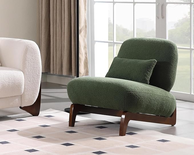 Morden Fort 2 Piece Cloud Couch Set, Modern Sherpa Boucle Sofa Set with Wood Legs, Skin-Friendly Minimalist Upholstered Comfy Couch Sofa for Living Room, White 3-Seater & Geen Tilt Back Chair Mix
