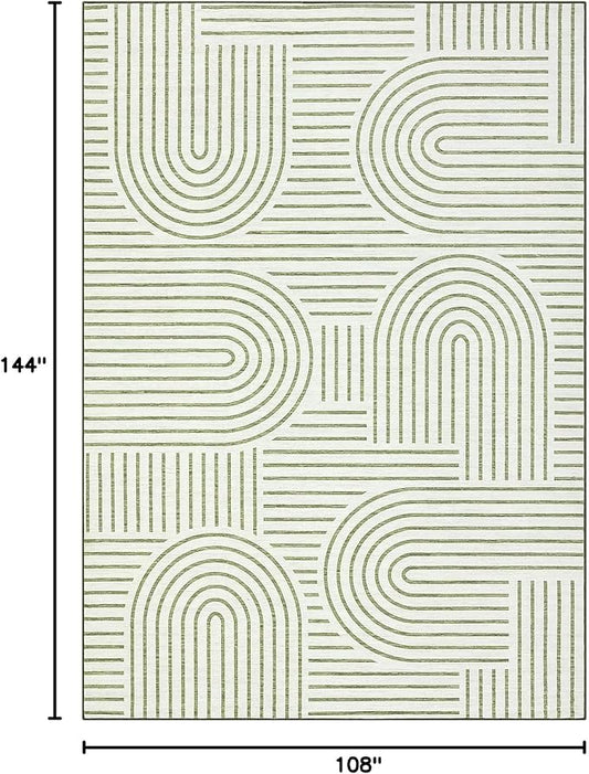 ROYHOME Washable Rug 9x12 Area Rugs for Living Room, Abstract Rug for Bedroom, Soft Rainbow Non Slip Throw Rugs with Rubber Back, Low Pile Stain Resistant Boho Geometric Carpet for Dining Room, Green