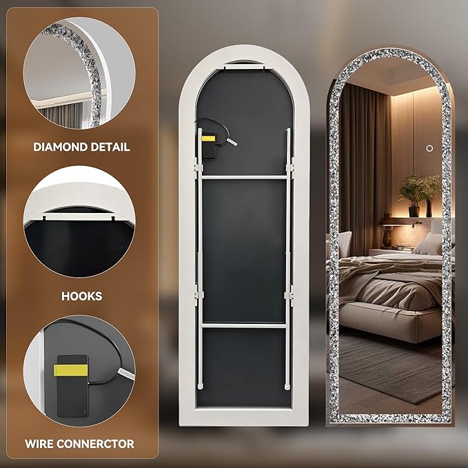 55"×20" Full-Length Mirror with Lights- Arch Crystal Crush Diamond Wall Mounted Hanging Diamond Mirror Leaning for Living Room Bedroom