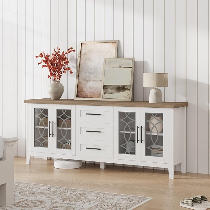 GarveeHome Farmhouse TV Stand with Glass Door for 70 Inch Tv, Mid Century Modern Entertainment Center for Living Room, Rustic Television Stands 2 Storage Door & 3 Drawer for Bedroom (Farmhouse White)