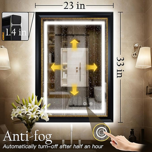 ROLOVE 23x33 Inch Antique Black and Gold Mirror for Wall, Lighted Vintage Mirrors for Bathroom with Anti-Fog, Waterproof Frame, Shatterproof Glass, Ornate Baroque Mirror for Entryway & Powder Room