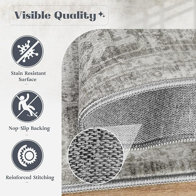 Runner Rug 2x8 Washable Rug, Vintage Boho Medallion Hallway Runner Non-Slip Soft Low Pile Distressed Floor Carpet Retro Doormat for Kitchen Bedroom Laundry Entryway Bathroom (Grey, 2'x8')