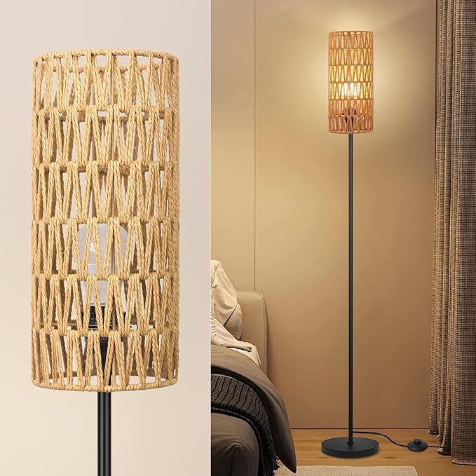 Ruiever Floor Lamp for Living Room,Farmhouse Rattan Floor lamp,Modern Standing lamp with Hand-Worked Rattan Shade,Black Tall Lamp with Foot Switch for Bedroom,Kids Room,Office,LED Bulb is Included.