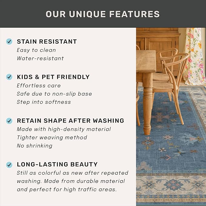 Hazo Haus Neutral Blue Washable 3x16 Extra Long Hallway Runner Rug, Boho Washable Large Kitchen Floor Rug Indoor, Non-Slip Stain & Fade Resistant, Vintage Unique Floral Décor