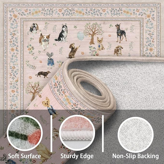 Pink Floral Dog Rug for Entryway, 2x3 Washable Kitchen Mat Ultra-Thin Soft, Non-Slip Indoor Door Carpet Stain Resistant Boho Small Low-Pile Throw for Bathroom Bedroom