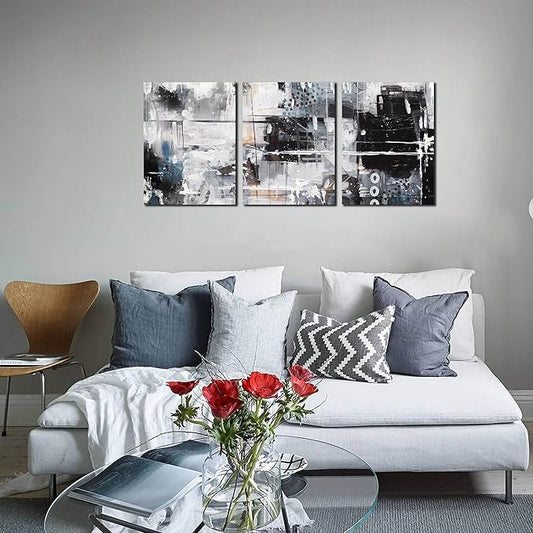 HUBOSKN Abstract Wall Art for Living Room - Modern Black and White Wall Art for Bedroom - Home Office Wall Decor Size 12" x 16" x 3 Piece