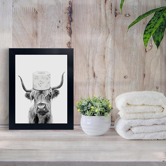 Toilet Paper On Head,Black Framed Funny Animal Prints, Vintage Black and White Rustic Style Cute Bathroom Cow Canvas Art Poster for Bathroom Restroom Decoration, Farmhouse Wall Decor