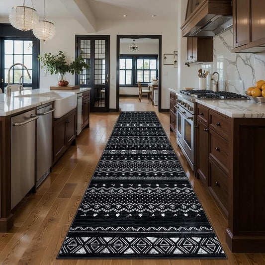 SERISSA Hallway Runner Rug, 2'6"x8' Washable Non-Slip Black and White Boho Rug, Soft Low-Pile Geometric Indoor Long Carpet for Kitchen Laundry Room Bathroom Bedroom Entryway