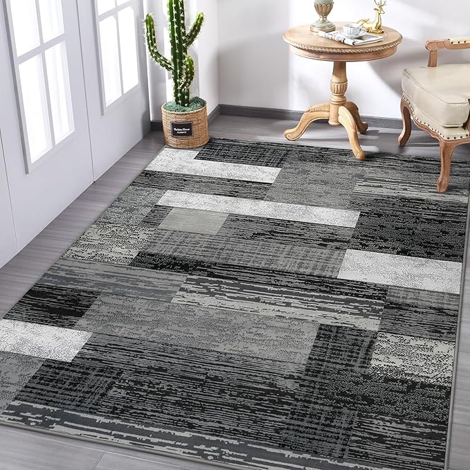 FlyDOIT Modern Geometric Patchwork Area Rug, 9x12 Grey Large Rugs for Living Room, Rockwood Collection Indoor Rugs for Bedroom, Throw Carpet Floor Decor for Entryway Dining Room Office Nursery