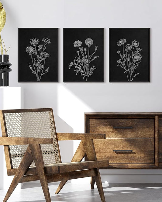 Drsoum Black White Flower Wall Art Vintage Minimalist Floral Wall Hanging Decor Bohemain Botanical Prints Artwork for Office Dining Room Hallway 11x14in Black Framed