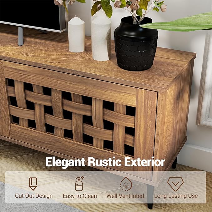 Giantex Mid Century Modern TV Stand for 60-80 Inch TV, Large Entertainment Center w/Storage Cabinet, Basket Weave Wooden Door & Open Compartment, Wood Media Console Table for Living Room Bedroom