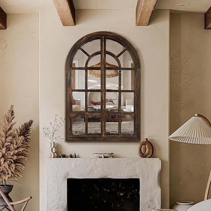 Arched Wall Mirror with Wood Window Frame, 38x26 Vintage Rustic Arch Farmhouse Mirror for Wall, Living Room, Bedroom, Entryway(Brown)