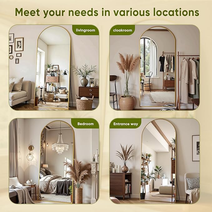 Arched Full Length Mirror 58 x 18 Inch, Full Body Mirror with Stand, Standing Hanging or Leaning Against Wall, Metal Frame Floor Mirror for Bedroom, Living Room, Cloakroom,Gold