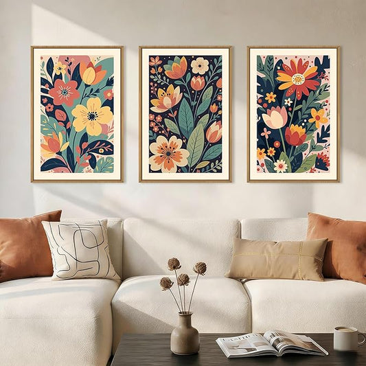 KAIRNE Vintage Colorful Floral Framed Canvas Wall Art Set,Mid Century Modern Flower Wall Decor,Retro Wildflower Art Prints,Boho Botanical Artwork for Living Room,Bedroom,Farmhouse,Office-24 x36 x3