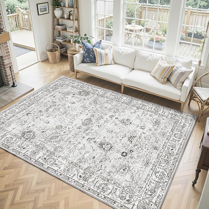 Grey White Area Rugs 5x8 for Living Room Bedroom, Non-Slip Washable Rugs Stain Resistant Boho Rug Low Pile Rug for Dining Room Office (5 x 8, Grey White)