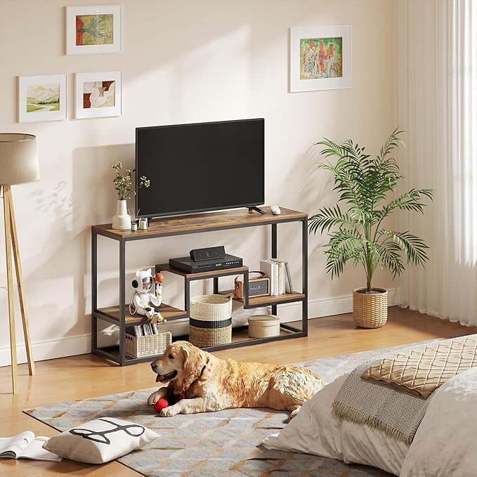 YOUDENOVA Tall TV Stand for TVs up to 55 Inch, TV Console Table with 3-Tier Open Storage Shelves, Modern Industrial Entertainment Center for Living Room, Bedroom,Rustic Brown