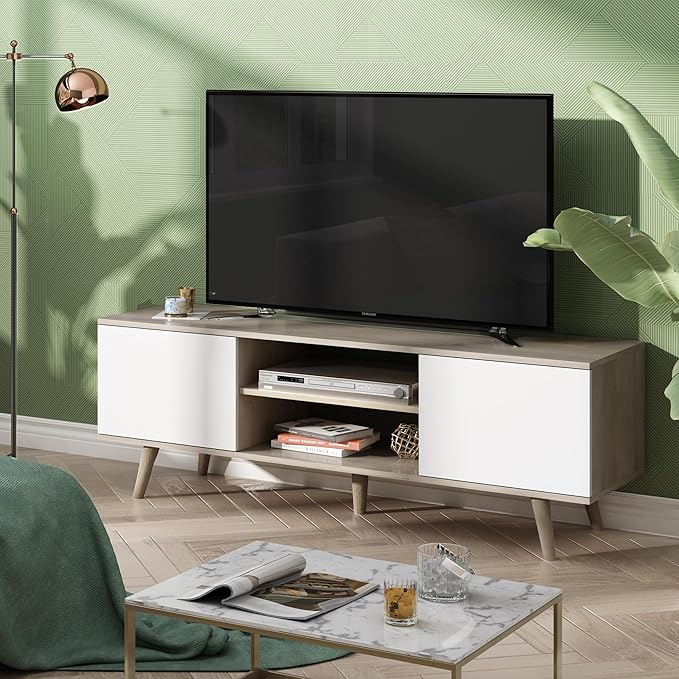 WLIVE Mid-Century Modern TV Stand for 55/60 Inch TV, Entertainment Center with Storage & Adjustable Shelves, Media Console with Soft-Close Cabinets for Living Room/Bedroom, Greige White